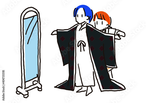 奄美大島紬の体験イラスト　姿見と着付けする女性