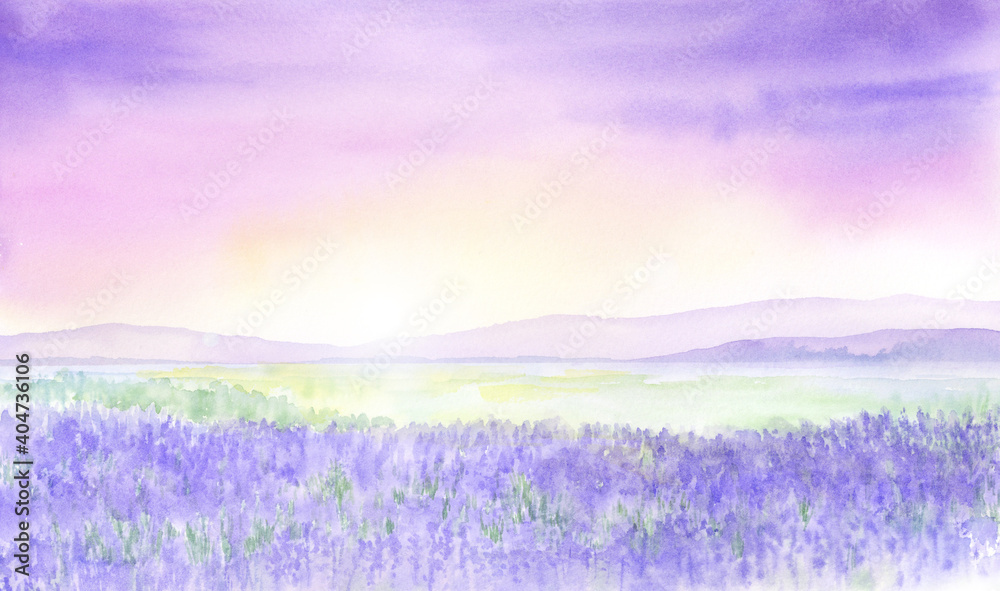 神秘的なラベンダー畑の風景　水彩画