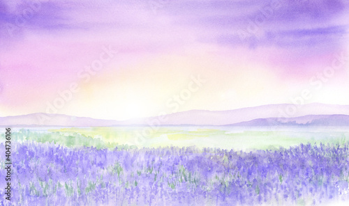 神秘的なラベンダー畑の風景 水彩画