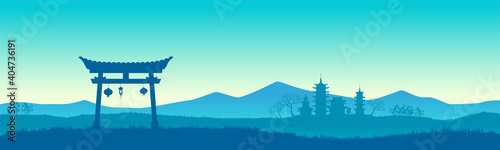 Chinese arch against the background of mountains. Wild steppes. Vector illustration.