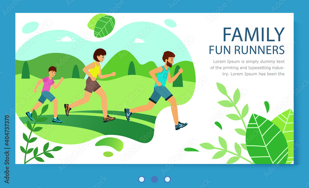 Website family fun runners. lifestyle healthy. Family Jogging Exercise Together in park. Parents with Children Doing Running and Training. Vector landing page.