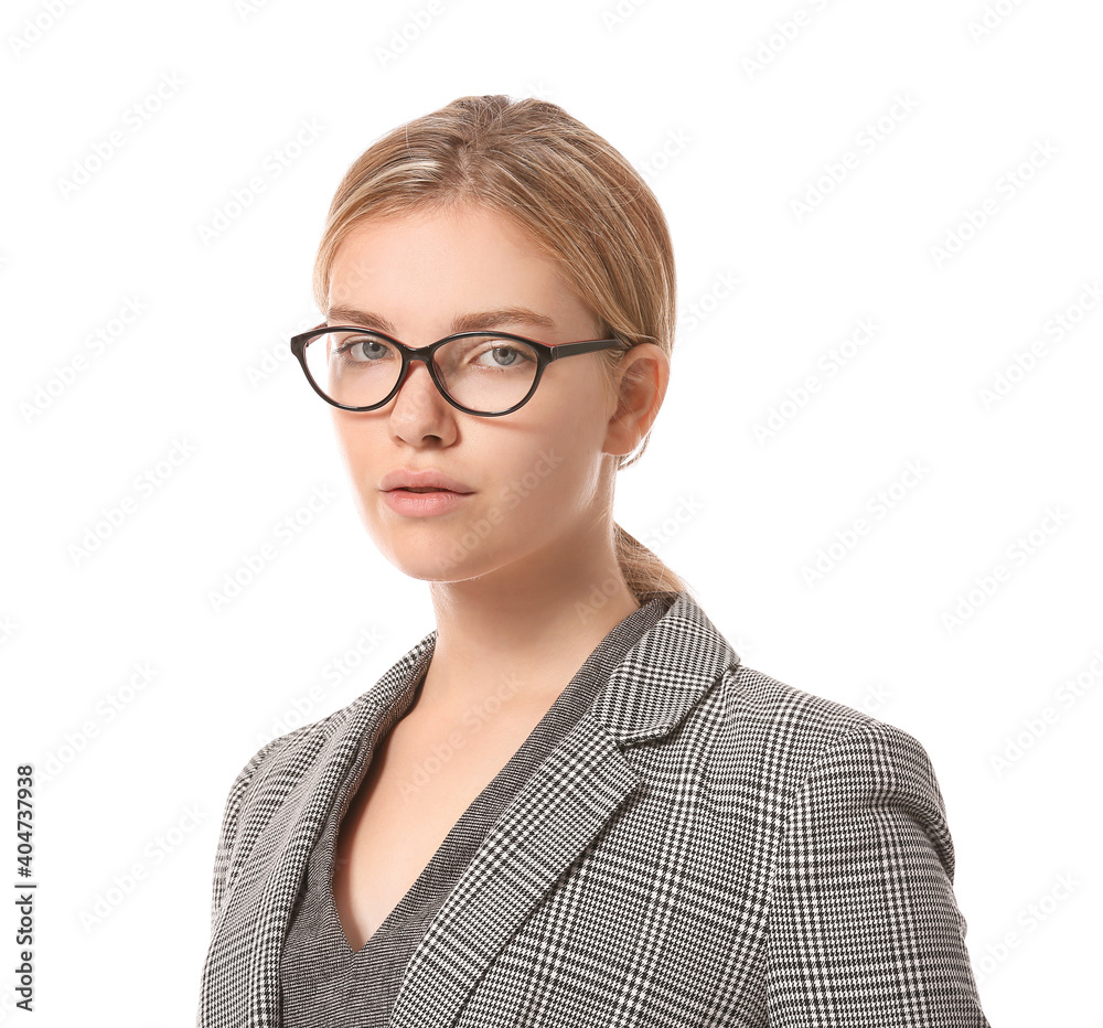 Portrait of beautiful young businesswoman on white background