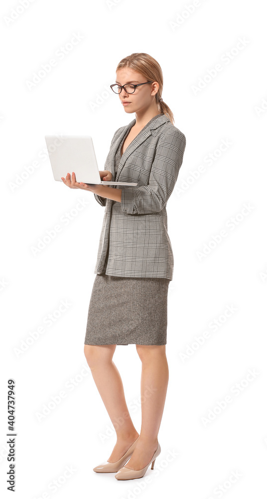 Beautiful young businesswoman with laptop on white background Beautiful young businesswoman with laptop on white background