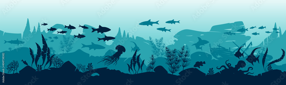 Silhouette of fish and algae on the background of reefs. Vector illustration. EPS10 Silhouette of fish and algae on the background of reefs. Vector illustration. EPS10
