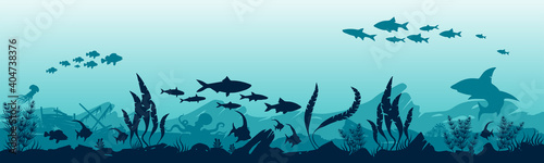 Illustration of the underwater world. Reefs and fish in the ocean.