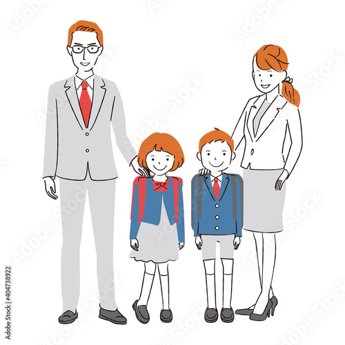 手書き線画カラーイラスト　小学生の男女と母親と父親が並ぶ