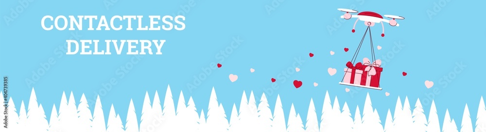Contactless delivery of gifts by air using drones. Valentine's Day. Banner for websites and social networks. Vector.