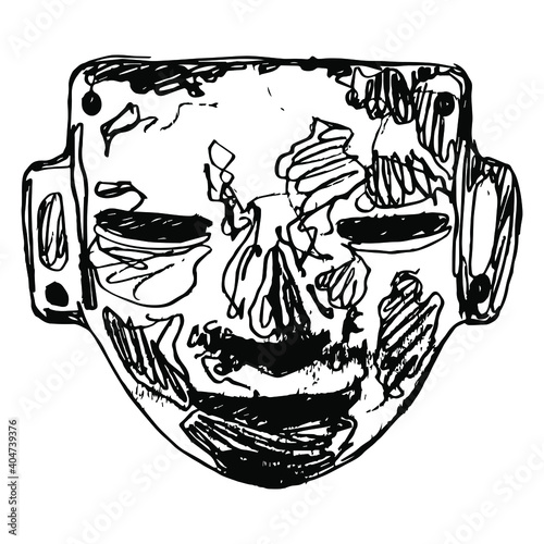 Mayan mask from Teotihuacan. Ancient art of Pre-Columbian Mexican Indians. Hand drawn linear doodle ink sketch. Black silhouette on white background.