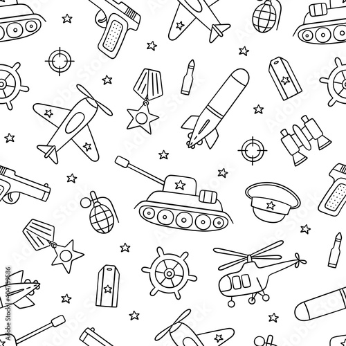 Seamless pattern for Defender of the Fatherland Day 23 february and Victory day 9 may. Hand drawn vector illustration on white background