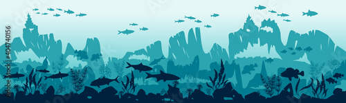 Fototapeta Naklejka Na Ścianę i Meble -  Underwater world with silhouettes of fish and algae on the background of reefs. Vector illustration. EPS10
