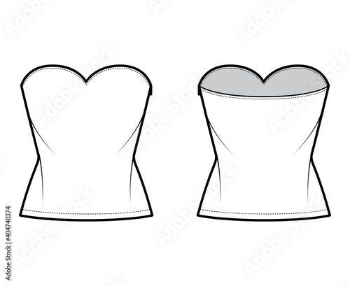 Top crop strapless sweetheart neckline technical fashion illustration with slim fit, waist length. Flat apparel shirt outwear template front, back, white color. Women men unisex CAD mockup