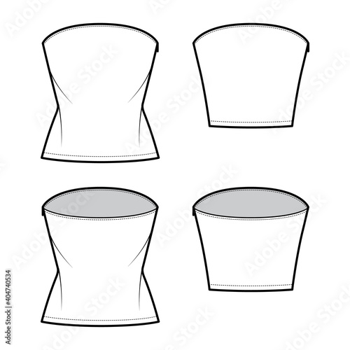 Set of Tops strapless tube neckline technical fashion illustration with slim fit, crop, tunic length. Flat apparel shirt outwear template front, back, white color. Women men unisex CAD mockup