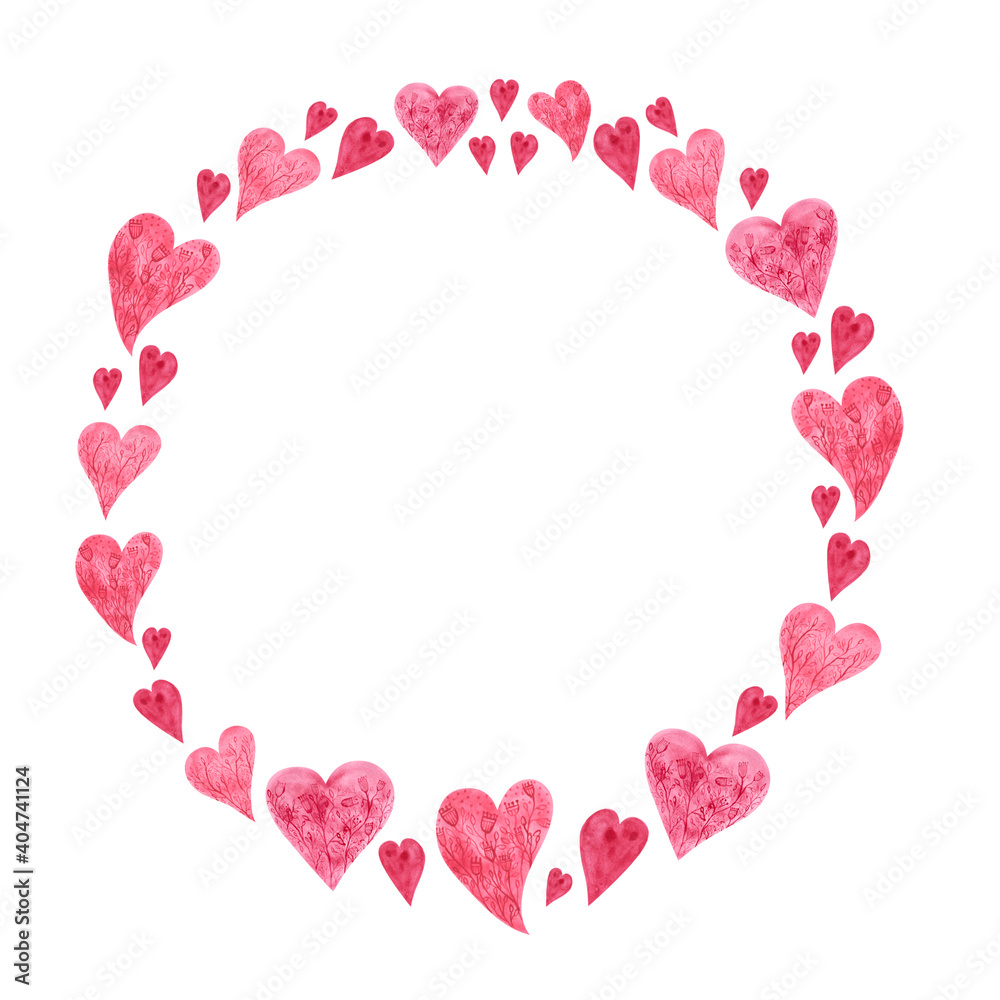 Pink watercolor romantic frame with hearts and floral pattern on a white background. Cute Valentines Day wreath for your design. Wedding round shape template. Galentines clipart.