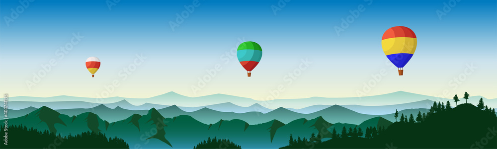 Panoramic mountain view with balloons.