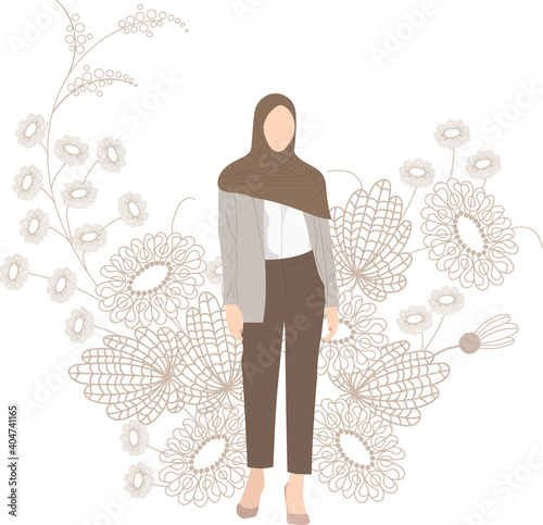 Woman in headscarf and suit on the brown flowers background. Hijab fashion illustration. Womens day, hijab day, greeting card, poster.