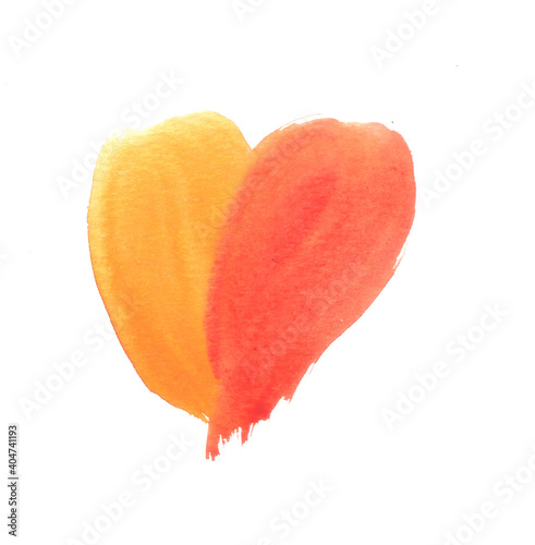 Watercolor hand drawn illustration of yellow-red heart on the white background