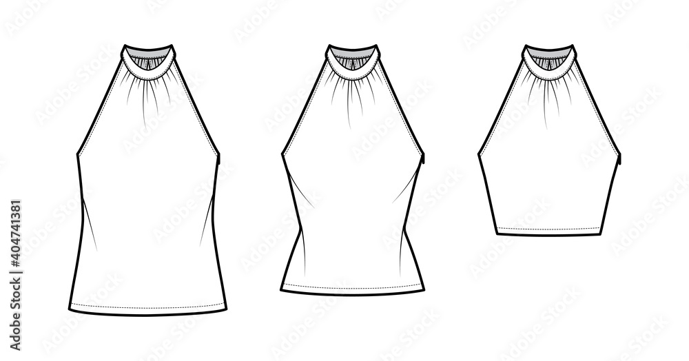 Φωτογραφία Set of Tops banded high neck halter tank technical fashion illustration with wrap, slim, oversized fit, crop, tunic length