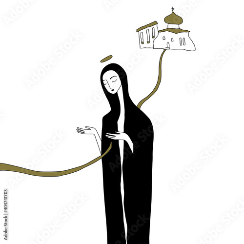 Road to temple through human heart. Creative concept. Orthodox saint woman and church. Female archetype.