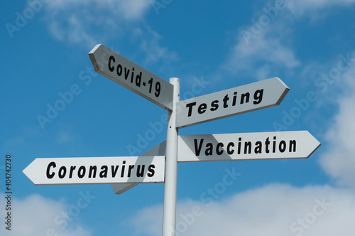 Concept direction panels on blue sky background - Covid-19, testing and vaccination
