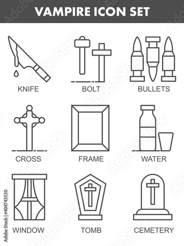 Black Line Art Vampire Icon Set In Flat Style.