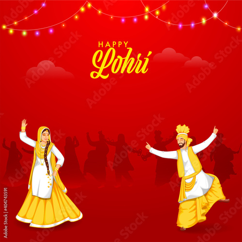 Illustration Of Punjabi People Doing Bhangra Dance On Red Background For Happy Lohri Celebration Concept.