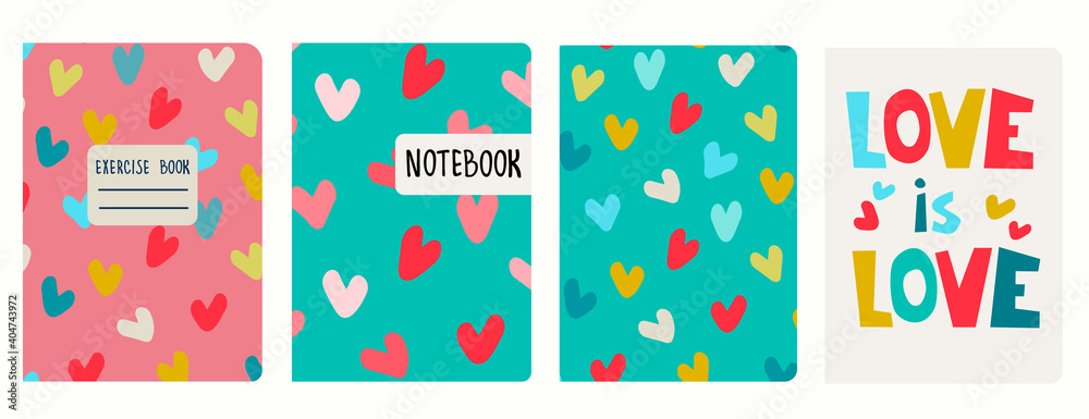 Cover page templates based on patterns with multicolored heart shapes, lettering. Love, romance concept. Background for notebooks, diaries