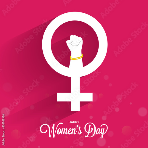 White Venus Sign With Female Hand Fist Up On Pink Background For Happy Women's Day Celebration.