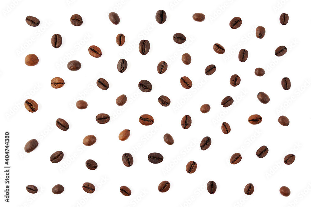 Brown coffee beans isolated on white background. Coffee beans pattern background.