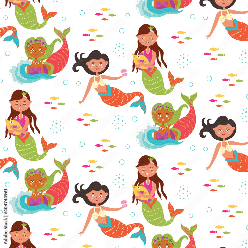 Obraz premium Marine baby pattern mermaid fish underwater world. Marine and ocean seamless pattern for kids.Vector flat modern graphics