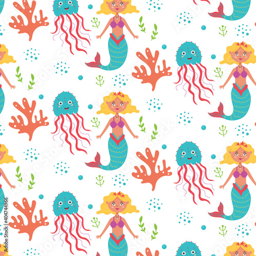Marine baby pattern mermaid jellyfish corals. Marine and ocean seamless pattern for kids.Vector flat modern graphics