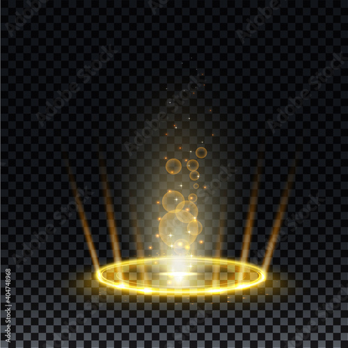 Gold hologram portal. Magic fantasy portal. Magic circle teleport podium with hologram effect. Vector gold glow rays with sparks on transparent background.