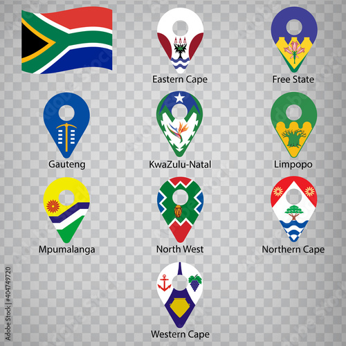 Nine  flags the Provinces of South Africa-  alphabetical order with name.  Set of 2d geolocation signs like flags Provinces of South Africa.  Nine one 2d geolocation signs for your design. EPS10 photo