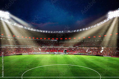 Fototapeta Naklejka Na Ścianę i Meble -  Lights at night and football stadium 3d rendering Green grass goal spot
