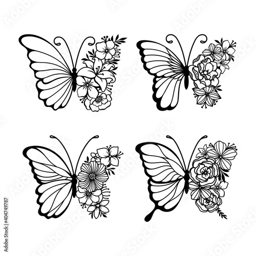 Set of line art butterflies, monochrome illustration butterflies