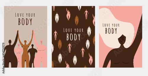 Set of positive naked women posters with different body types and skin colors. Body hair. Body acceptance