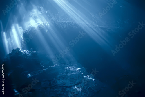 Fototapeta Naklejka Na Ścianę i Meble -  rays of light under water, abstract marine background nature landscape rays blurred