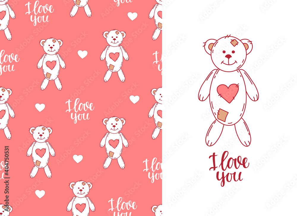 Lovesick toy bear pink seamless pattern. Cute background for valentine's day and wedding, print on fabric, web background, invitation, greeting card. Vector. Lovesick toy bear pink seamless pattern. Cute background for valentine's day and wedding, print on fabric, web background, invitation, greeting card. Vector.