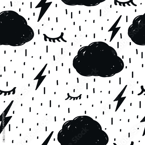 Sad seamless pattern with doodle eyelashes lightning clouds rain drops Sorrow eye logo icon sign background Hand drawn ink sketch Fashion print clothes apparel greeting invitation card banner poster