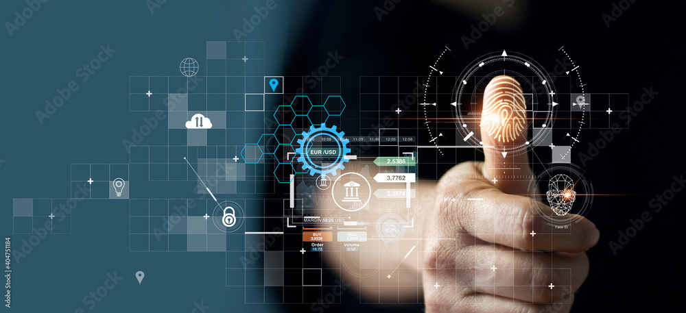 Fotografie Businessman using fingerprint indentification to access personal financial data