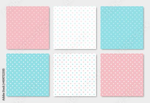 Vector Set of Doodle Little Stars Seamless Patterns. Pink, Blue and White Color 