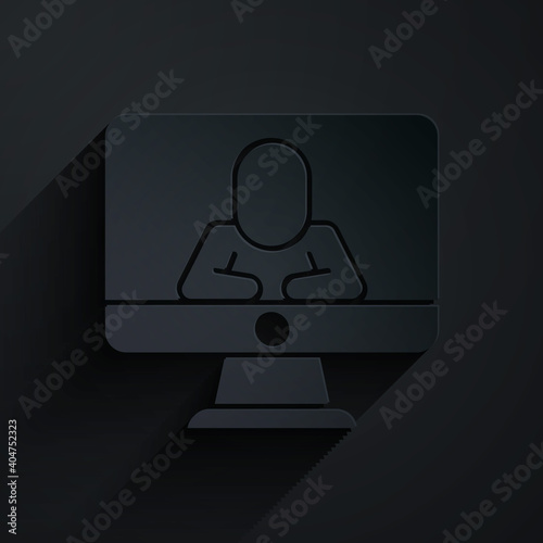 Paper cut Online psychological counseling distance icon isolated on black background. Psychotherapy, psychological help, psychiatrist online consulting. Paper art style. Vector.