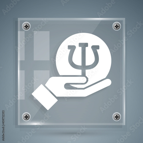 White Psychology icon isolated on grey background. Psi symbol. Mental health concept, psychoanalysis analysis and psychotherapy. Square glass panels. Vector.