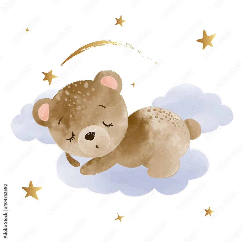 Cute Little Teddy Bear Sleeping On Clouds Vector Illustration Kids