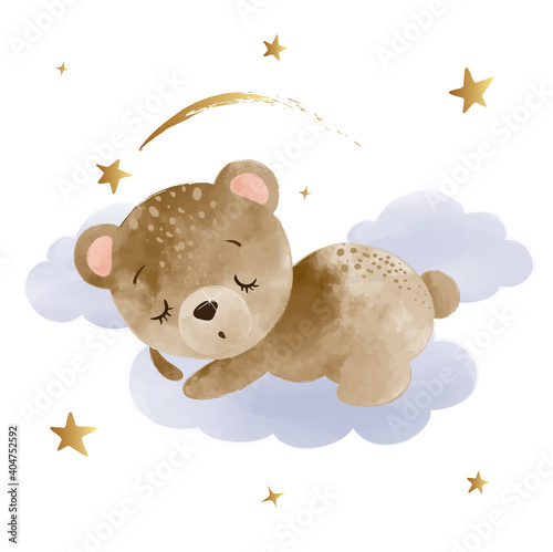 Cute little teddy bear  sleeping on clouds, vector illustration, kids fashion artworks, baby graphics for wallpapers and prints.