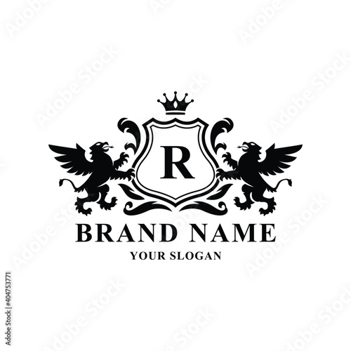 Royal brand griffin heraldic badges in ornate shields