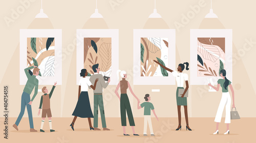 People admire paintings in museum vector illustration. Cartoon group of family tourists visitors and guide character visit public museum exhibition or art gallery, enjoying exhibit artwork background