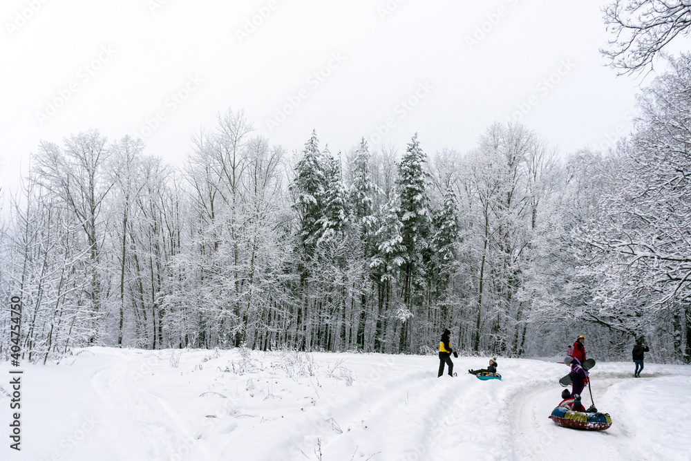 Vacationing people in a snow-covered forest