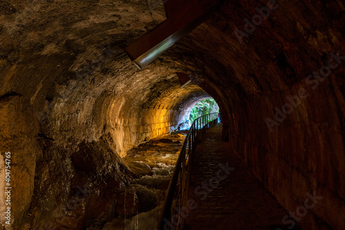 The cerezuelo river under the ruins of the church of Santa Maria, Cazorla, Spain photo