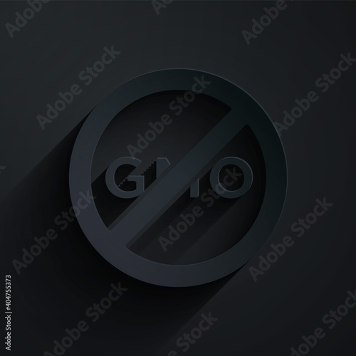 Paper cut No GMO icon isolated on black background. Genetically modified organism acronym. Dna food modification. Paper art style. Vector.