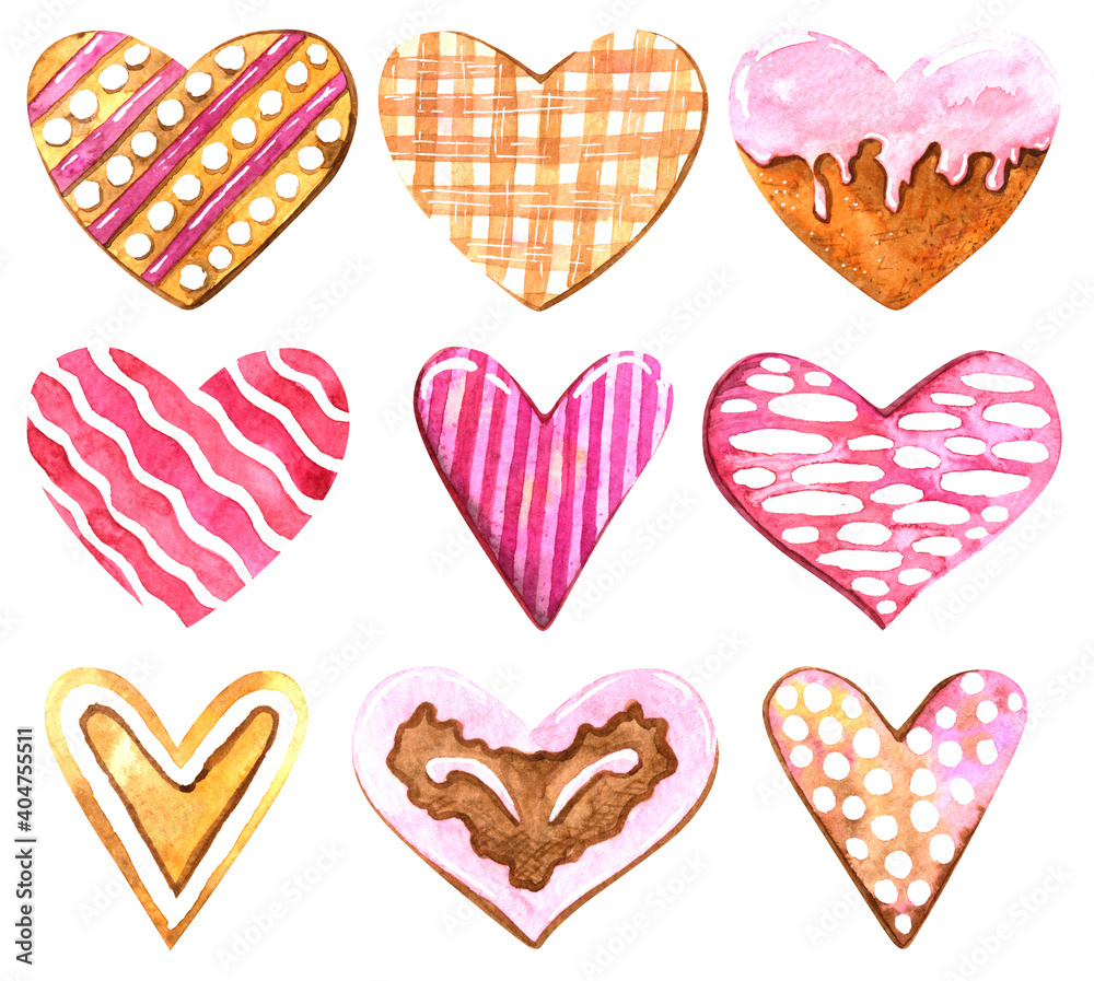 Set of watercolor hearts. Hand drawn isolated valentines on white background. 